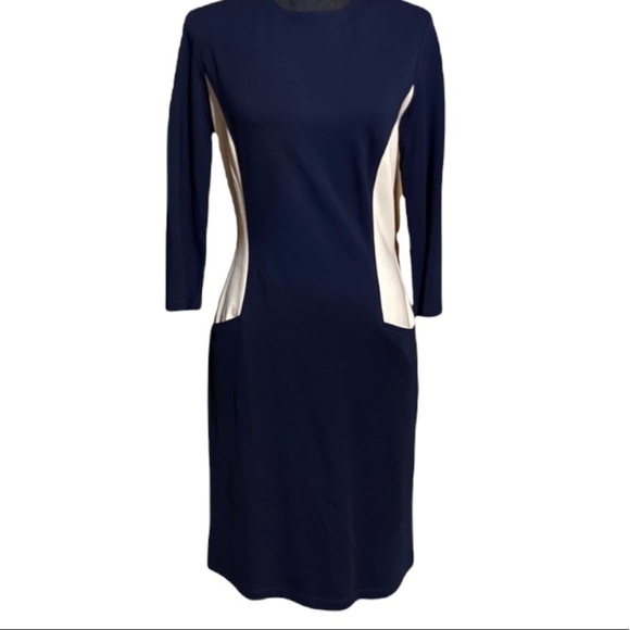 J. McLaughlin Catalyst Dress NWT Navy Cream Colorblock Pockets Size Medium - Picture 4 of 10
